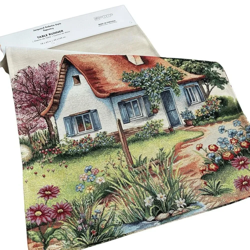 EMME Jacquard Gobelin Tapestry Table Runner 18x63 in Cottage Garden New